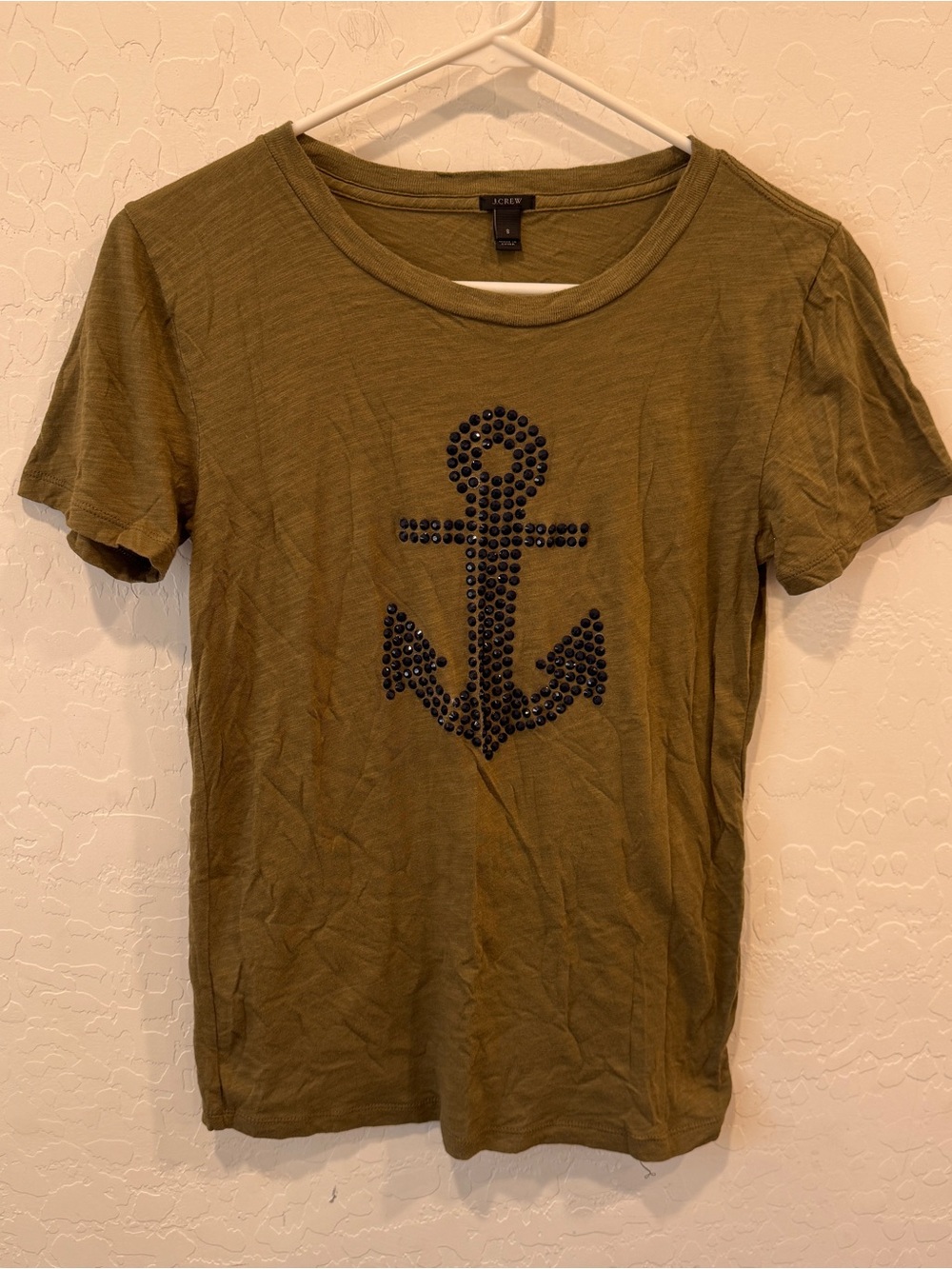 J. Crew Nautical Anchor Embellished Shirt Womens Small Olive Green Short Sleeve